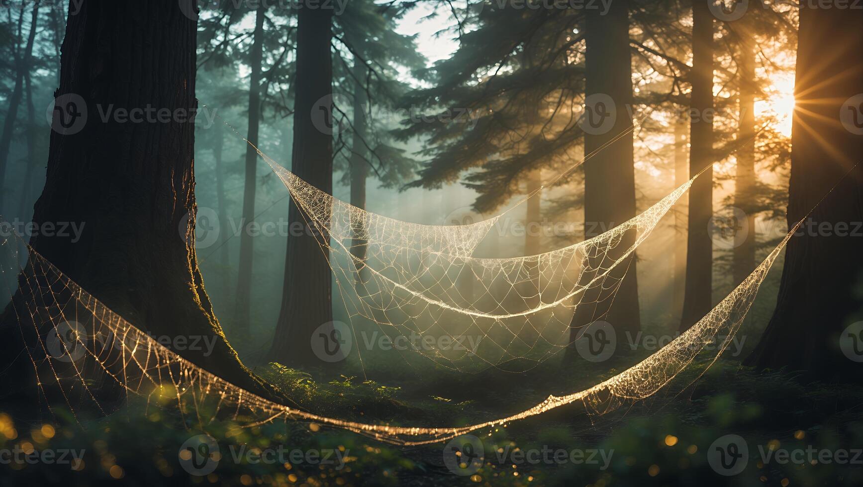 Sunlit Spiderwebs Hanging Between Trees in a Foggy Forest Scene photo