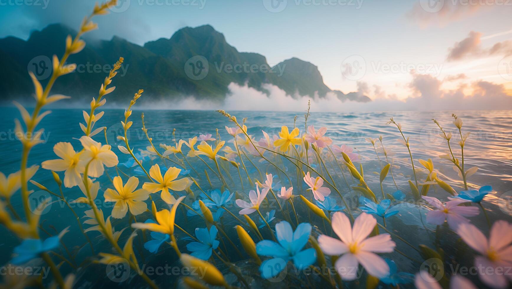 Flowers in Water with Mountain View photo