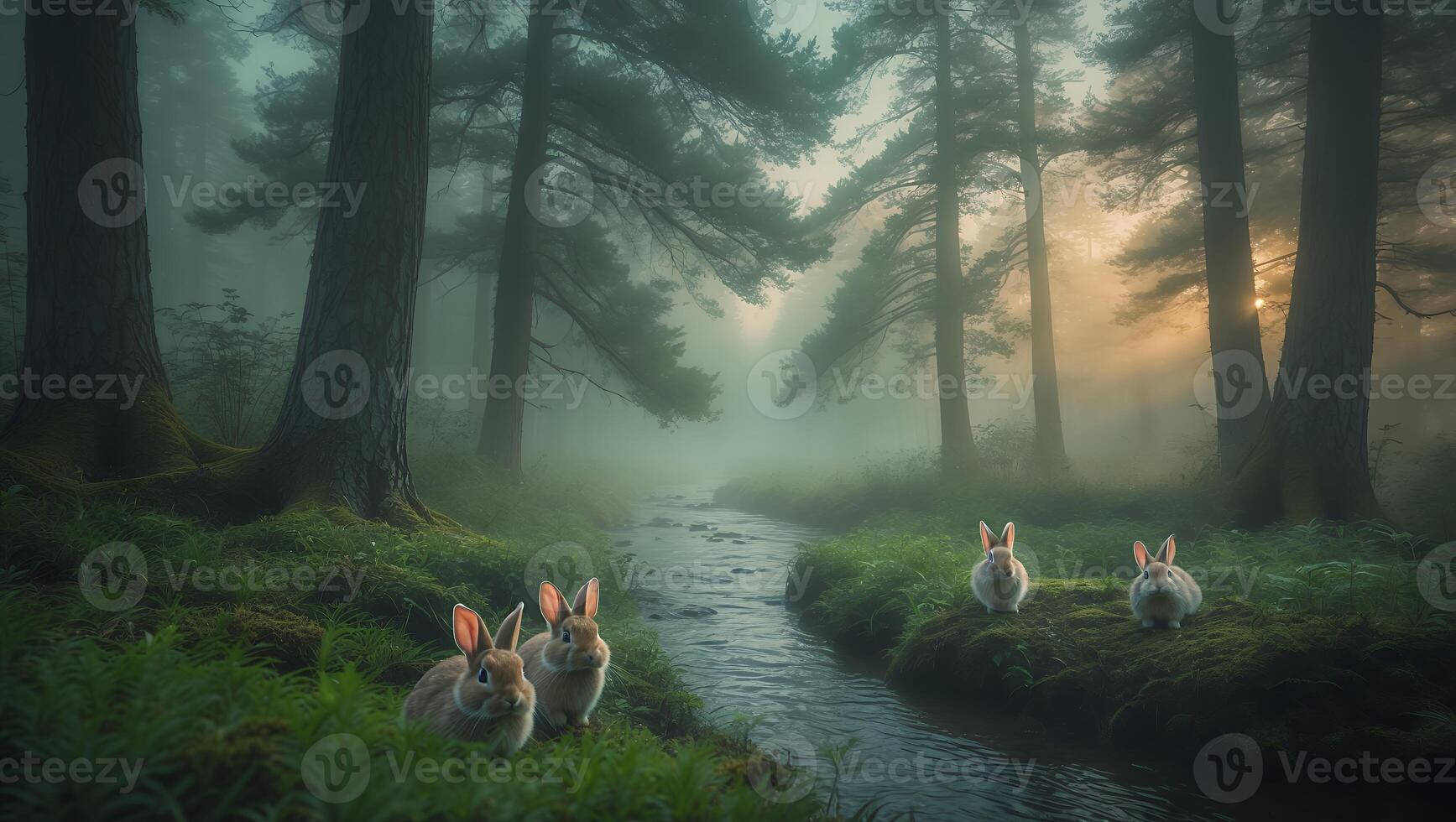 Rabbit in Forest with River and Fog photo