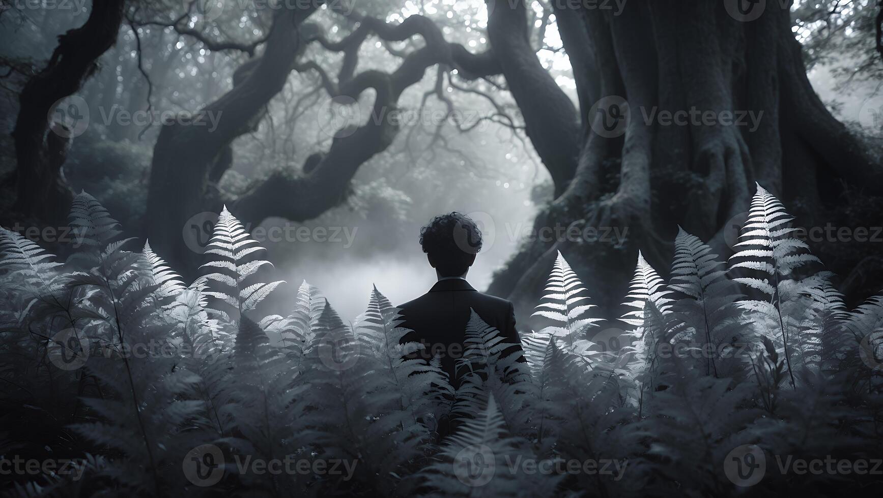 Man Standing in Forest of Ferns and Trees photo
