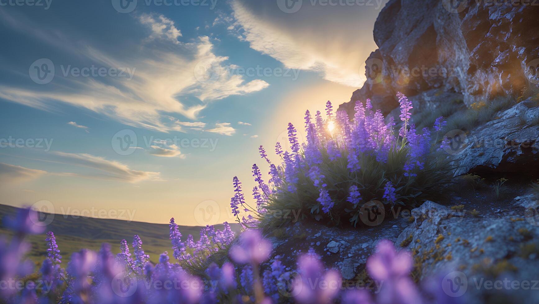 Purple Lavender Field Near Rocky Cliff with Sunset Sky View photo