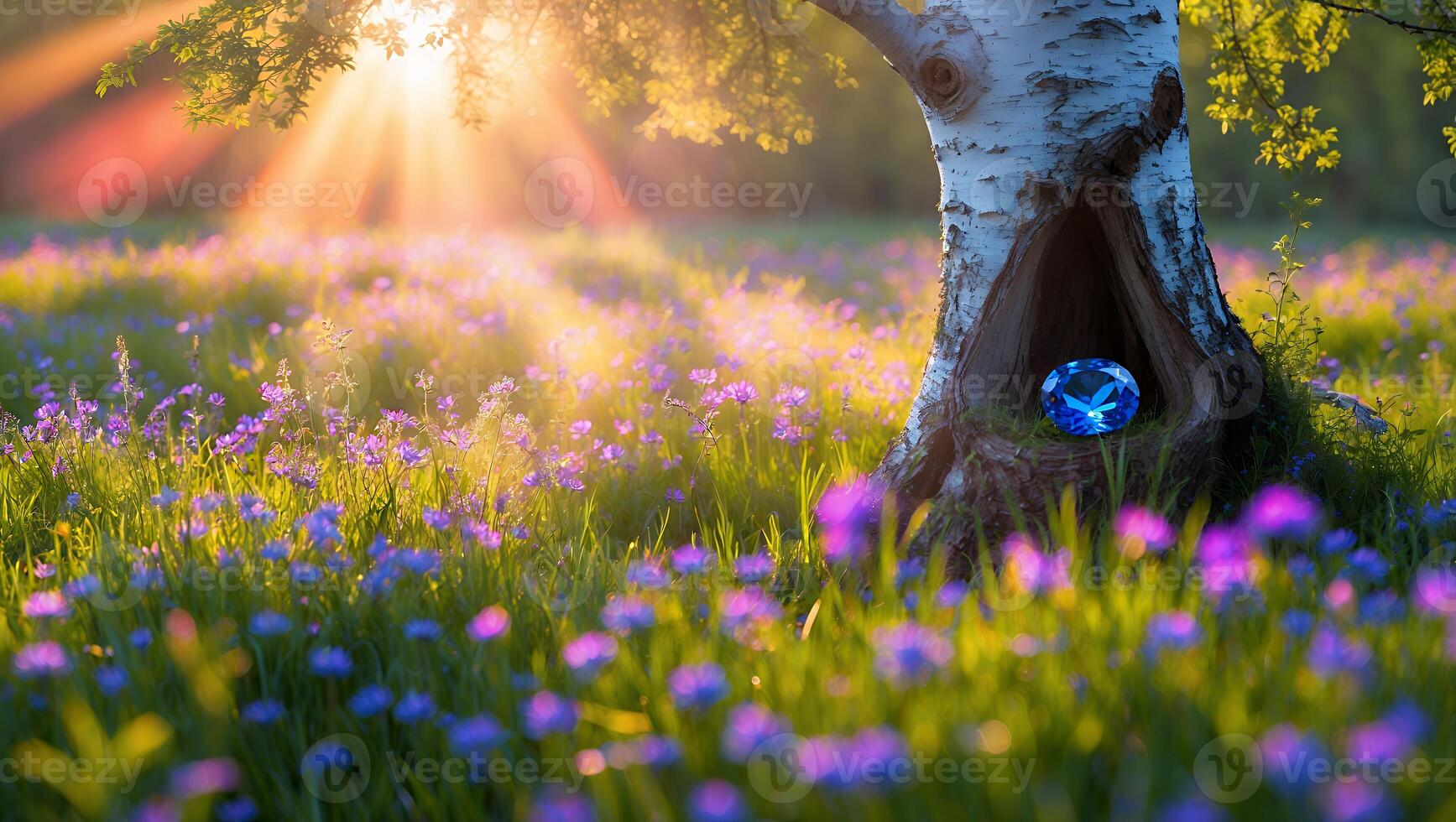 Blue Gemstone in Tree Hollow with Wildflower Meadow at Sunset photo