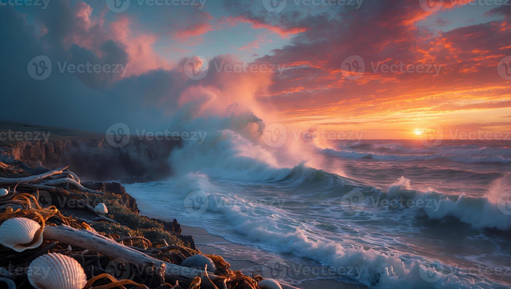 Crashing Waves at Sunset on Coastal Shore with Dramatic Sky photo