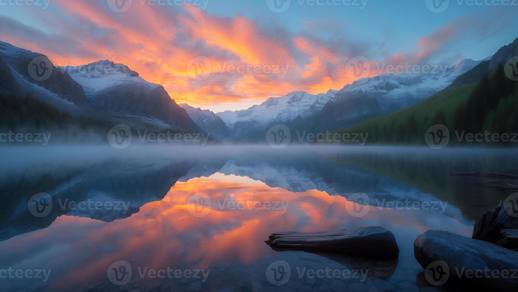 Lake Reflection of Snow Capped Mountains at Sunrise with Fog photo