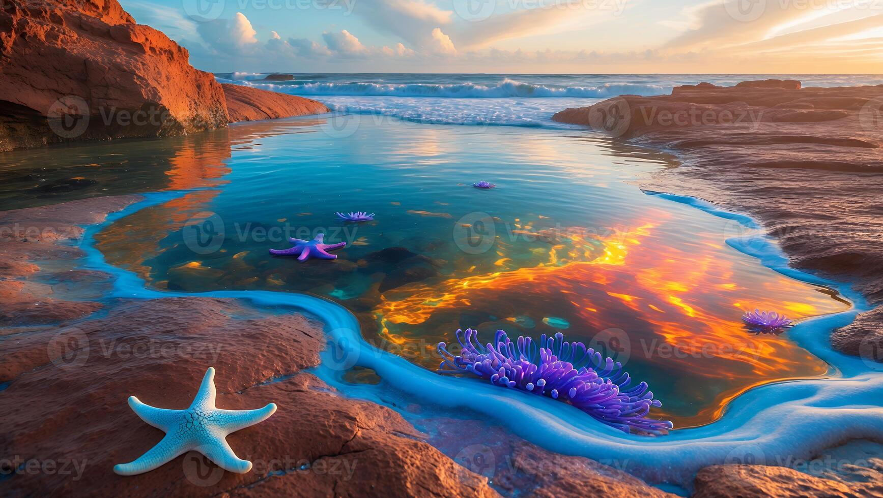 Starfish and Sea Anemones in a Coastal Tide Pool at Sunset photo