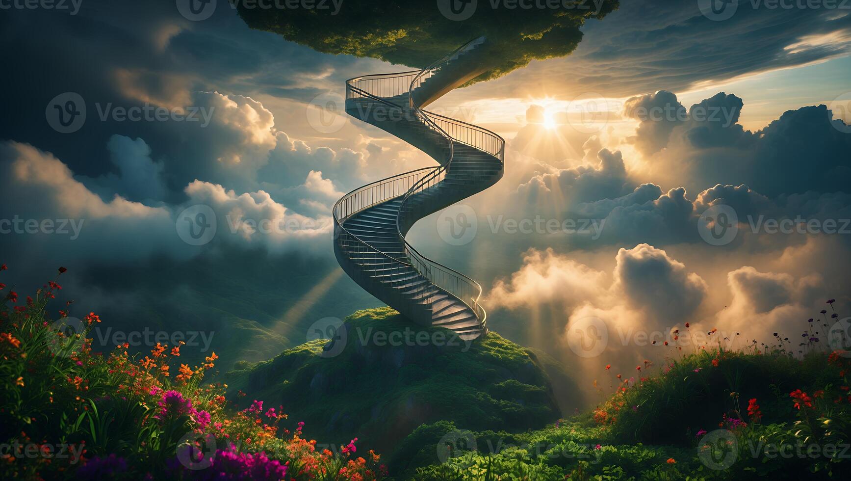 Ascending Spiral Staircase on Hilltop Above Clouds Reaching for Sunset photo