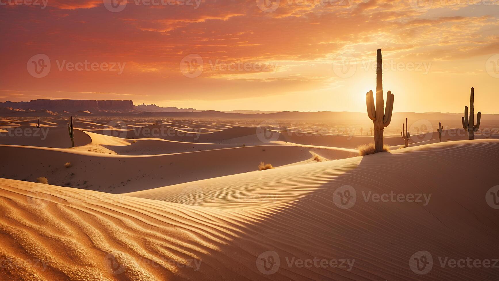 Cactus Silhouette in Desert Sand Dunes at Sunset with Warm Light photo