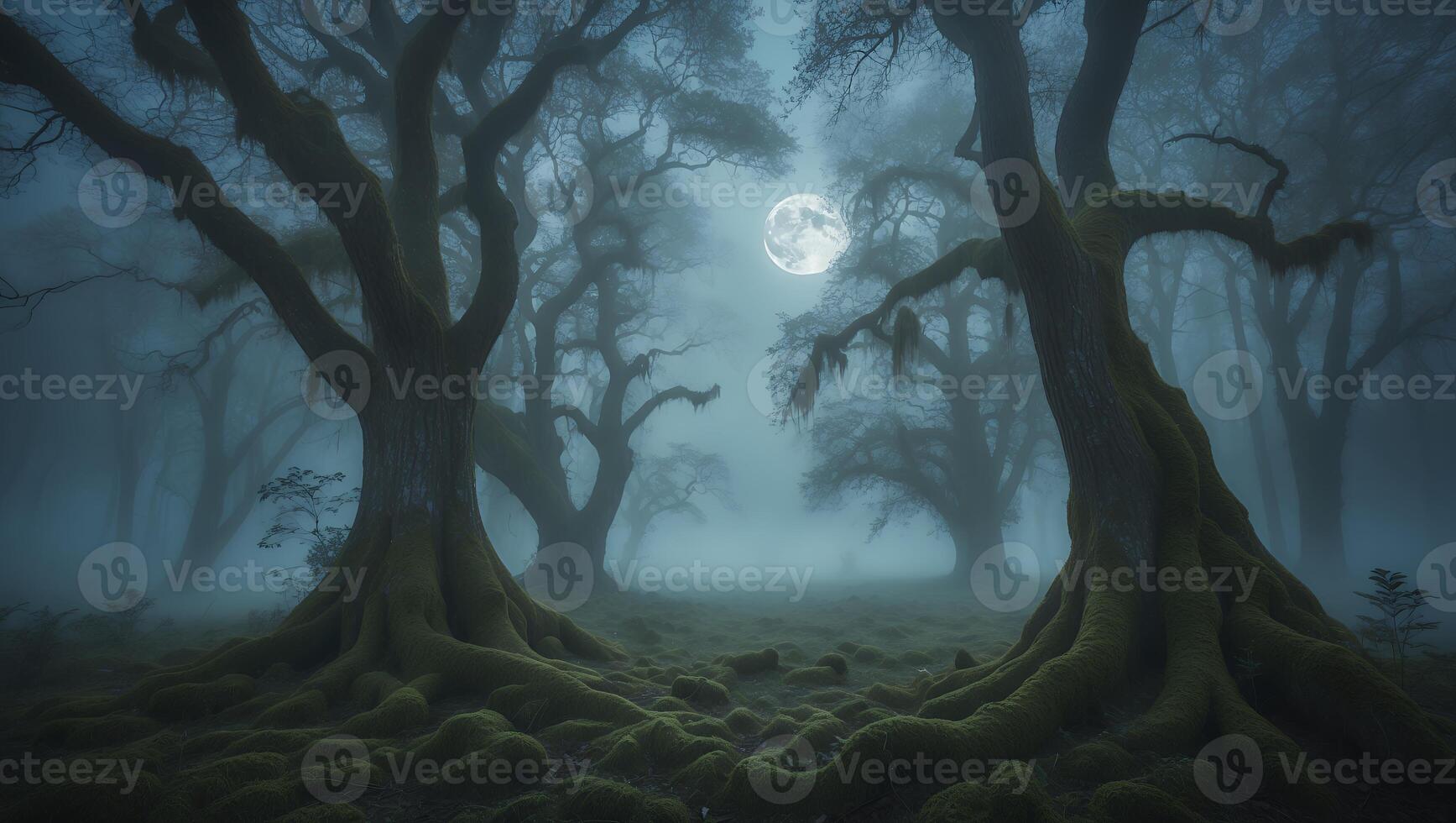 Mysterious Forest Scene with Foggy Atmosphere and Moonlit Night photo