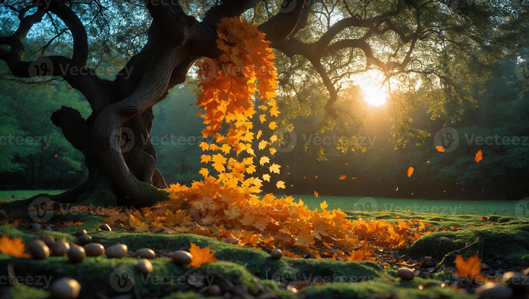 Falling Autumn Leaves Cascade From Tree in Golden Light at Sunset photo