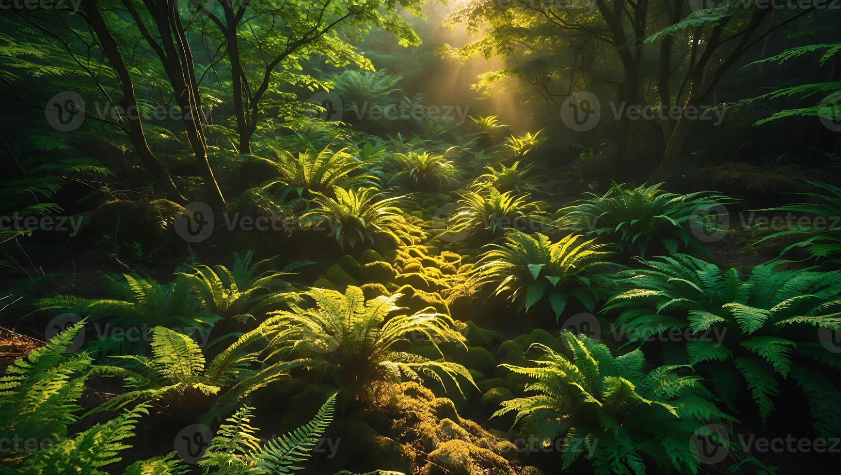 Ferns and Sunlight Path Through Enchanted Green Forest Scenery photo