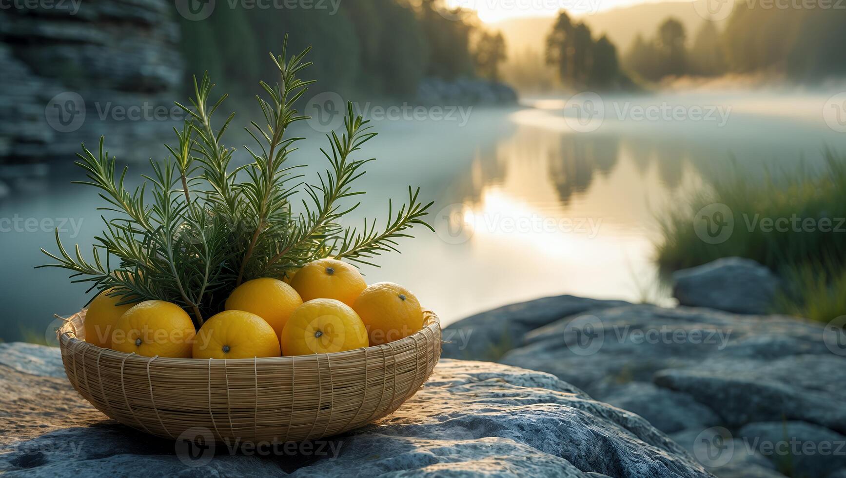 Basket of Oranges and Herbs by a Serene Lake at Dawn photo