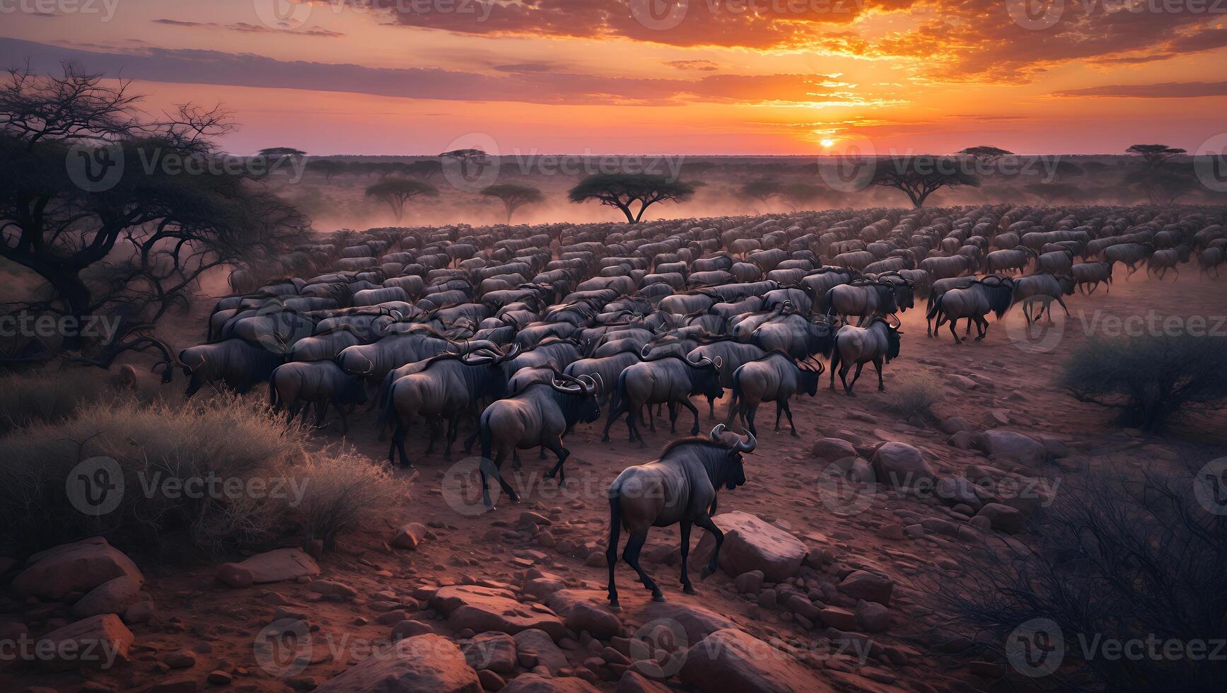 Wildebeest Migration Across African Savannah at Sunset with Orange Sky photo