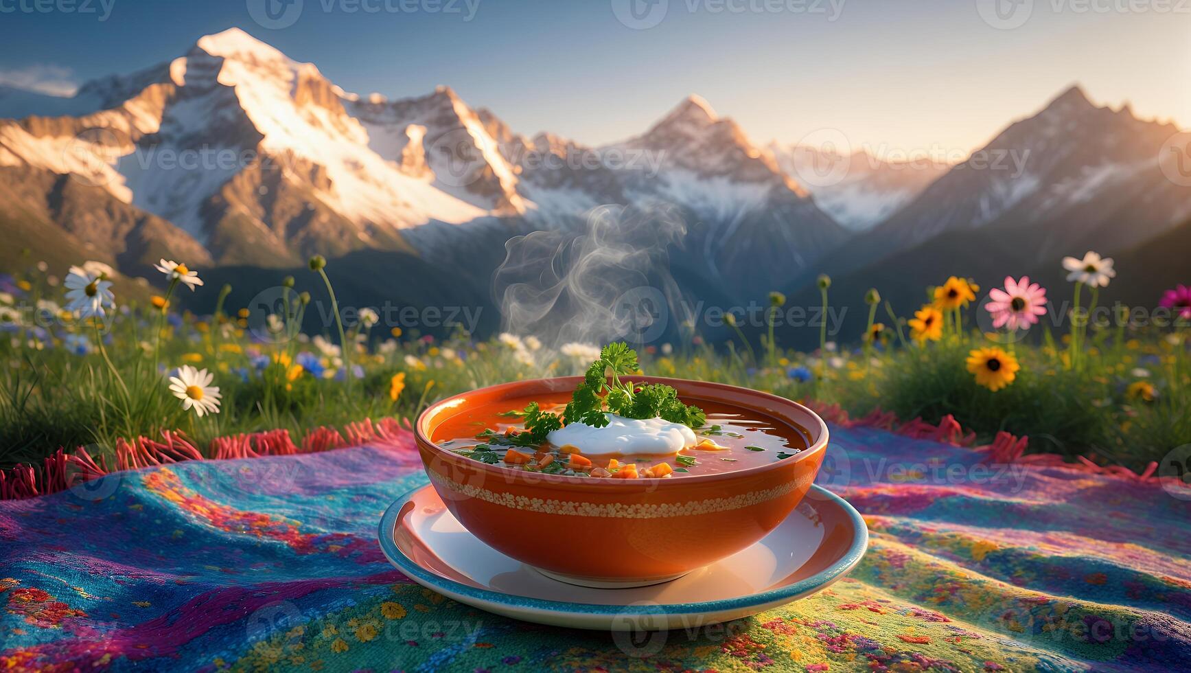 Enjoying Hot Soup Outdoors with Mountain View and Wildflowers photo