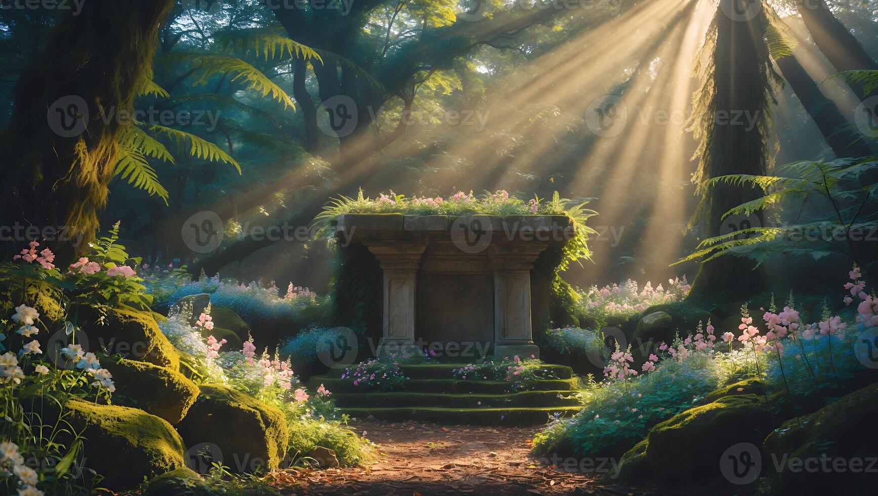 Ancient Stone Structure Surrounded by Lush Forest and Sun Rays photo