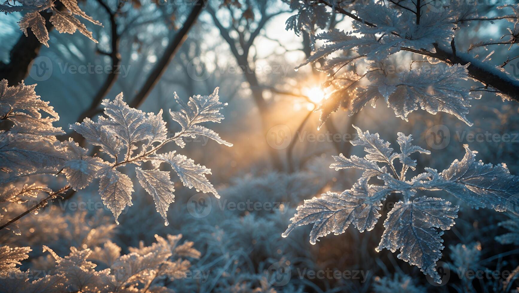 Frost Covered Leaves at Sunrise in a Winter Forest Scene photo