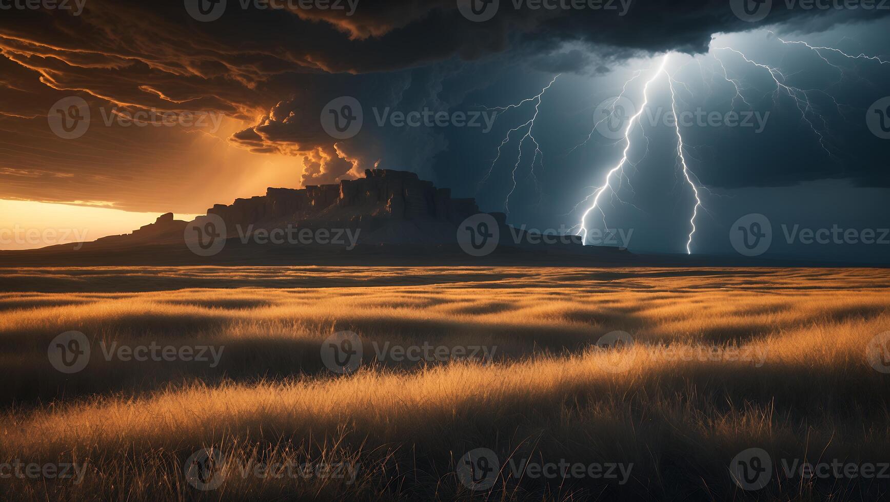 Dramatic Lightning Strikes Over Grassy Field with Distant Mountain Silhouette photo