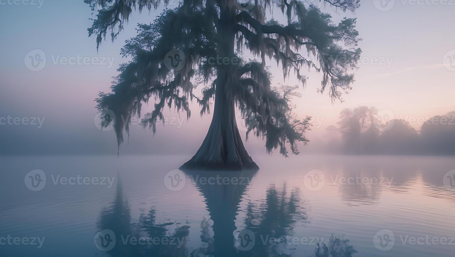 Lone Tree Standing in Calm Water During a Foggy Sunrise photo
