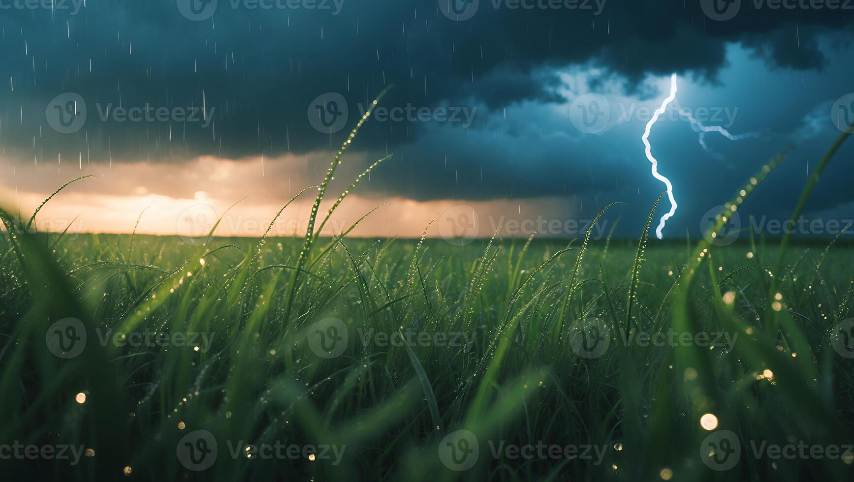 Green Grass Field Under Stormy Sky with Lightning Strike and Rain photo