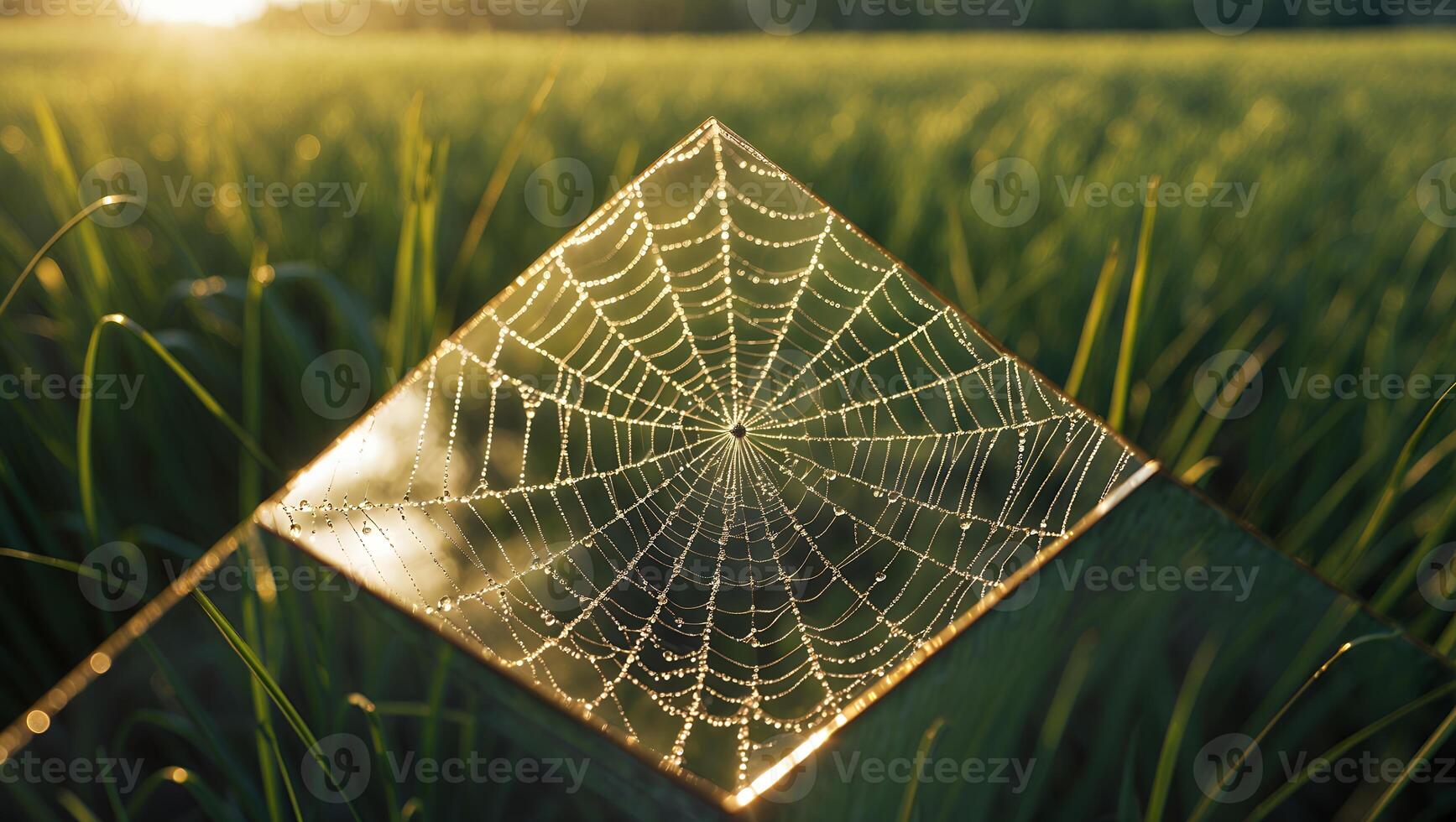 Spiderweb on Square Mirror Reflecting Field at Sunrise Golden Hour photo