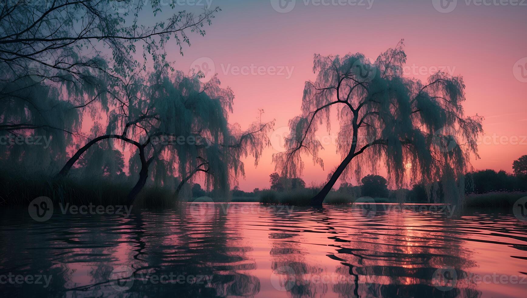 Willow Trees Reflected in Calm Lake at Sunset with Pink Sky photo