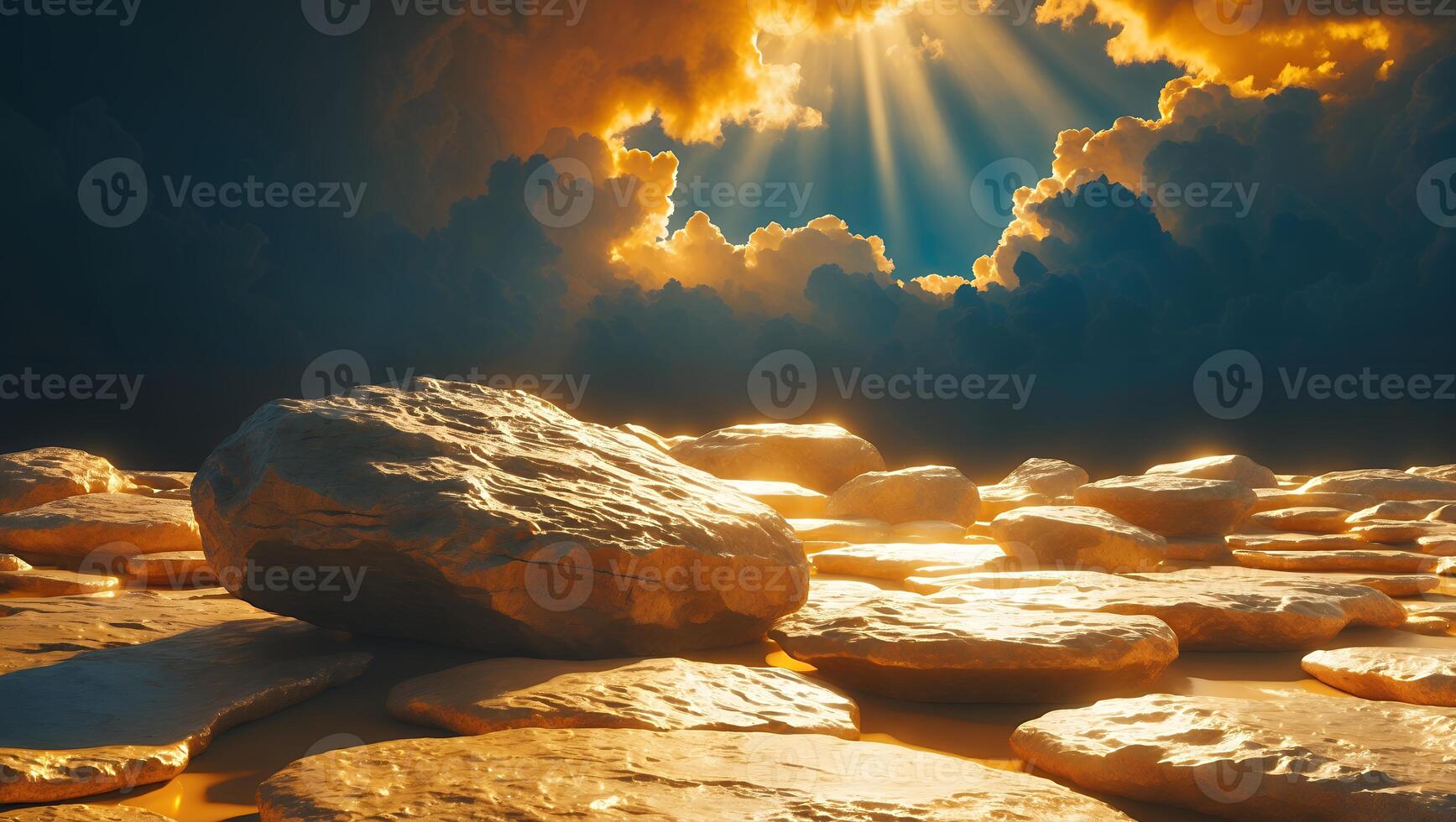 Rocks in a Golden Field with Sunlight Streaming From Cloudy Sky photo