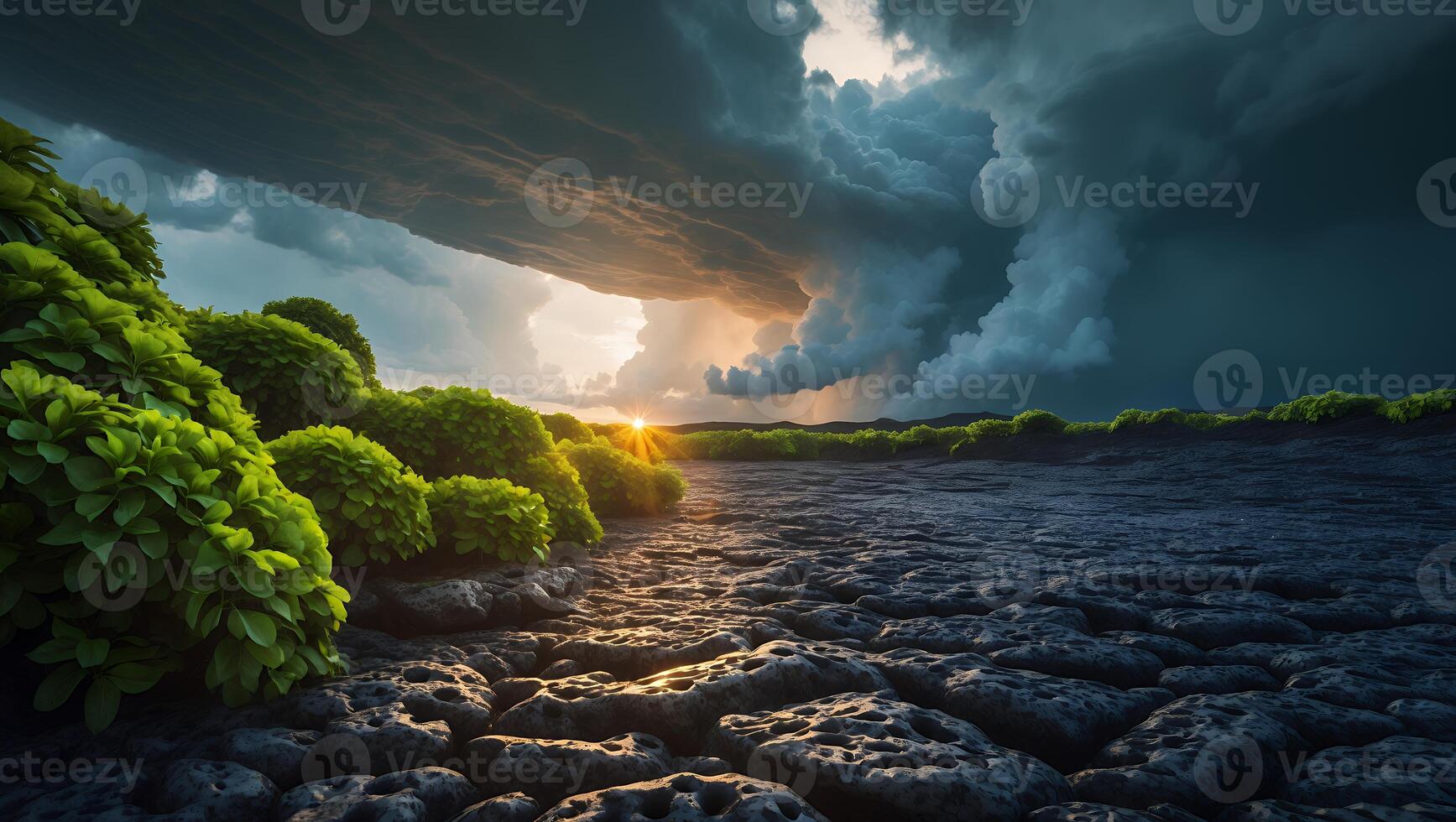 Dramatic Storm Clouds Approaching Over Rocky Landscape at Sunset photo