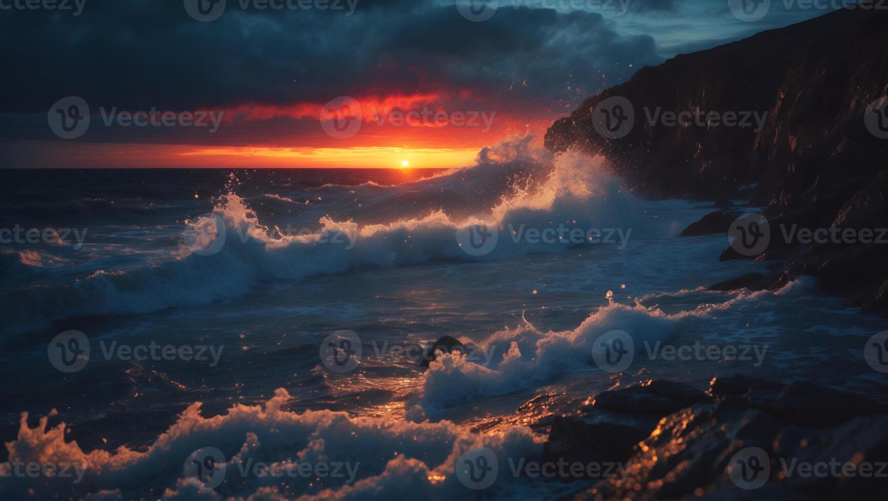 Ocean Waves Crashing on Rocky Shoreline During Dramatic Sunset photo