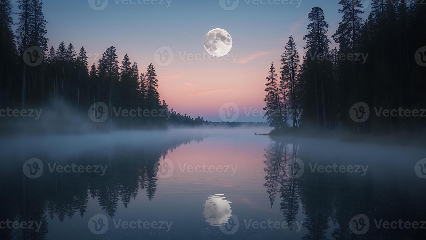 Reflecting Moon Over Misty Lake Surrounded by Evergreen Trees at Dusk photo