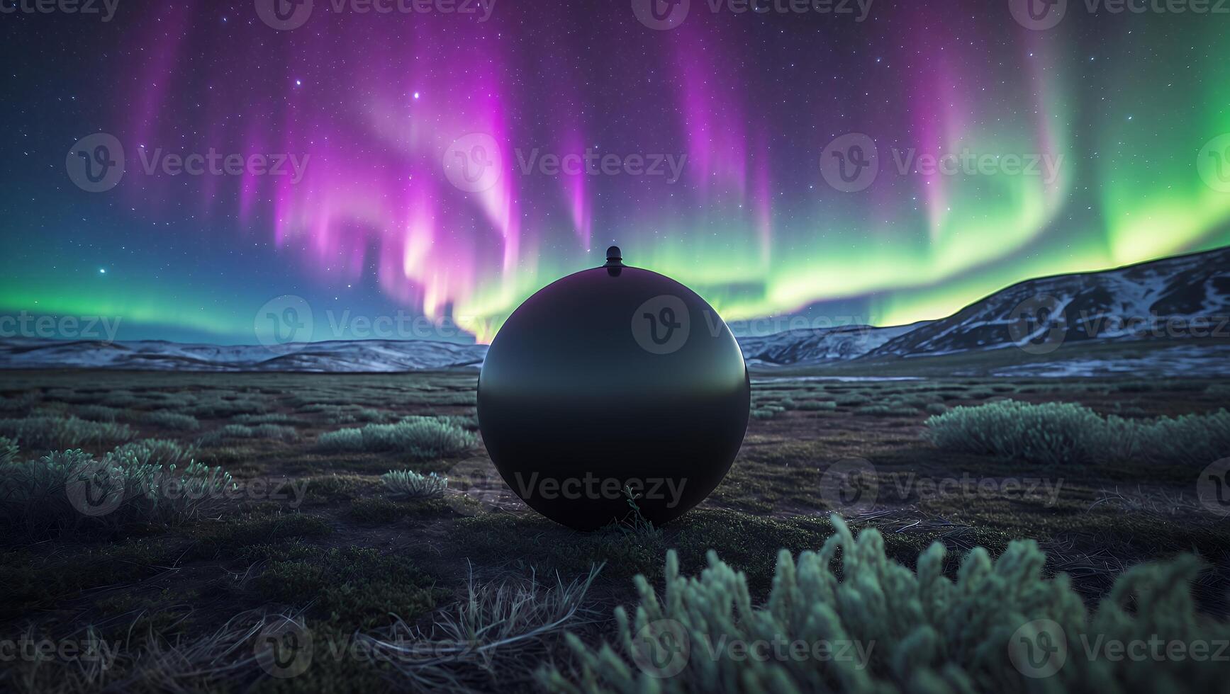 Dark Sphere Under Aurora Borealis Glows in Scenic Landscape photo