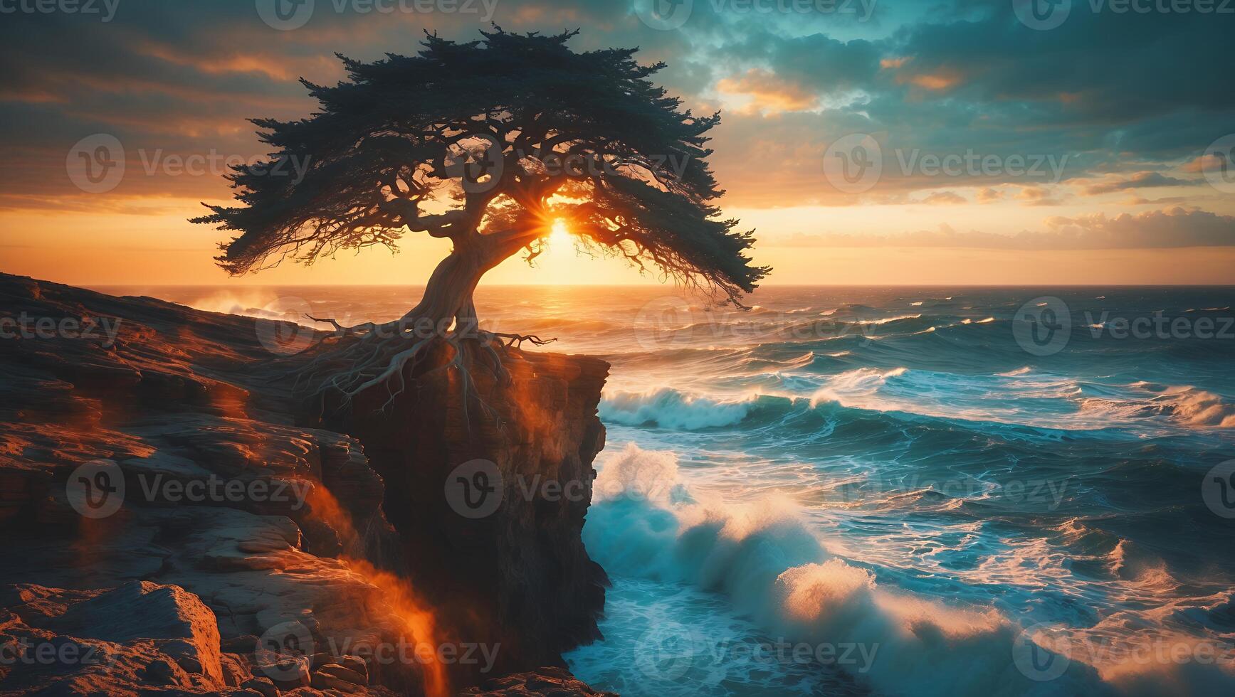 Tree on Cliff Overlooking Ocean at Sunset with Waves Crashing photo