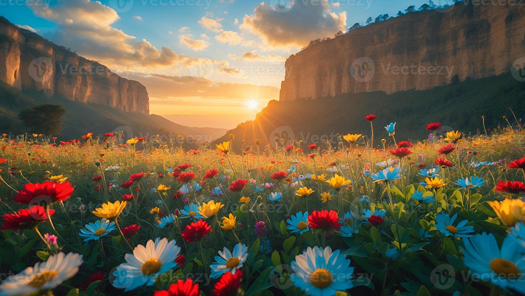 Colorful Wildflower Meadow at Sunset with Mountain Cliff Backdrop Scenery photo