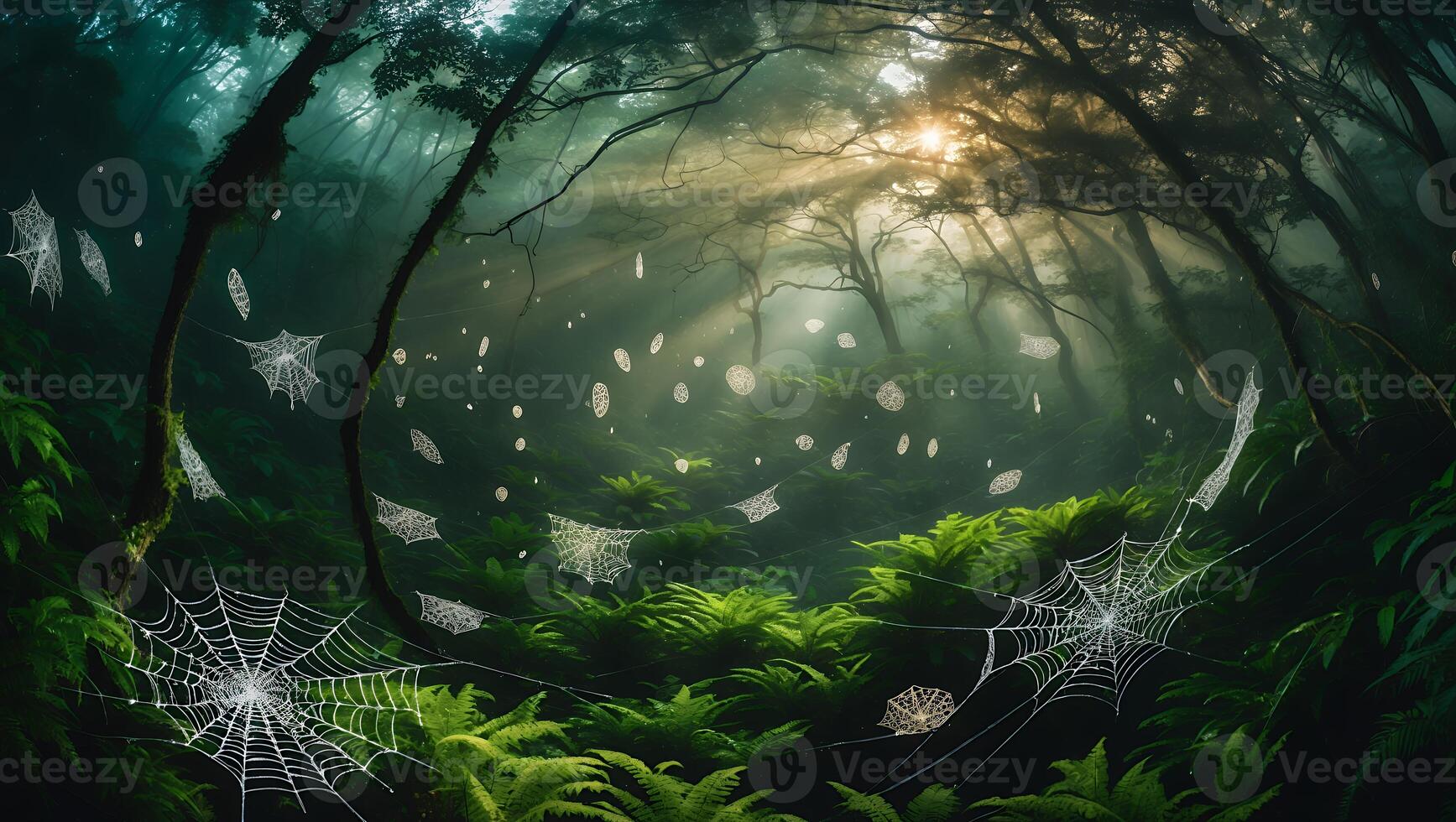 Spiderwebs in a Forest with Ferns and Sunbeams Creating Mystique photo