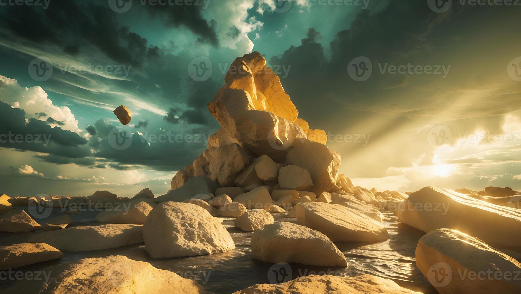Rocky Desert Landscape with Dramatic Sky and Sunlight Streaming Through photo