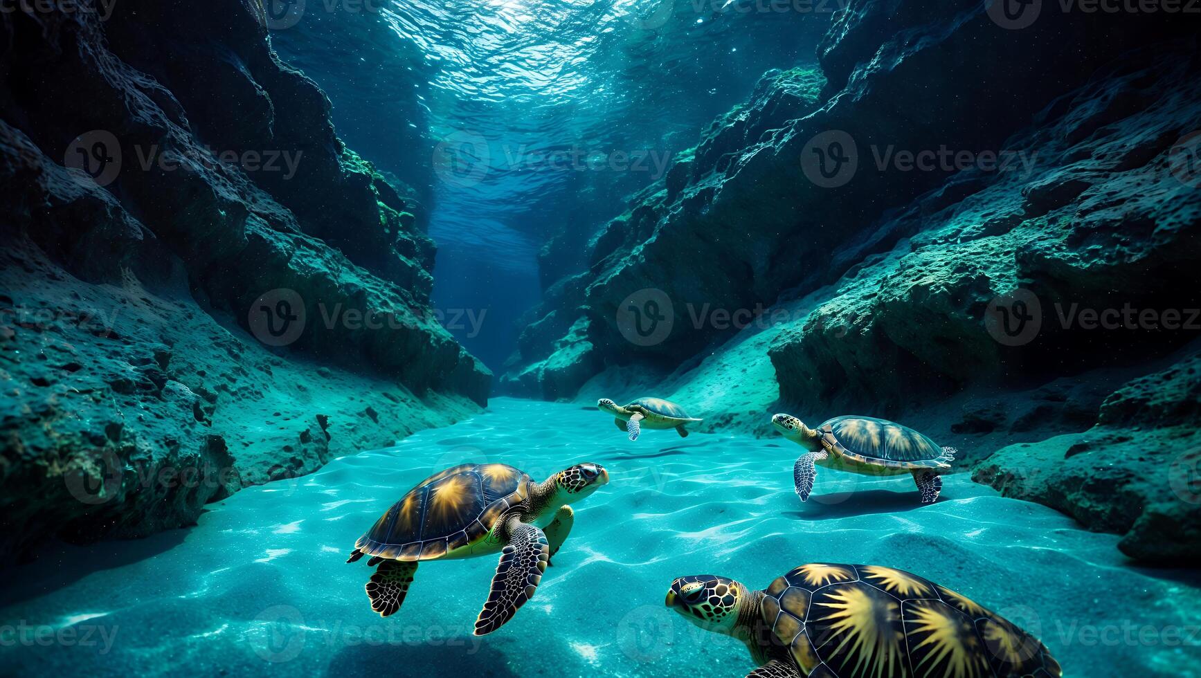 Sea Turtles Swimming in Clear Ocean Water Through Rocky Canyon photo
