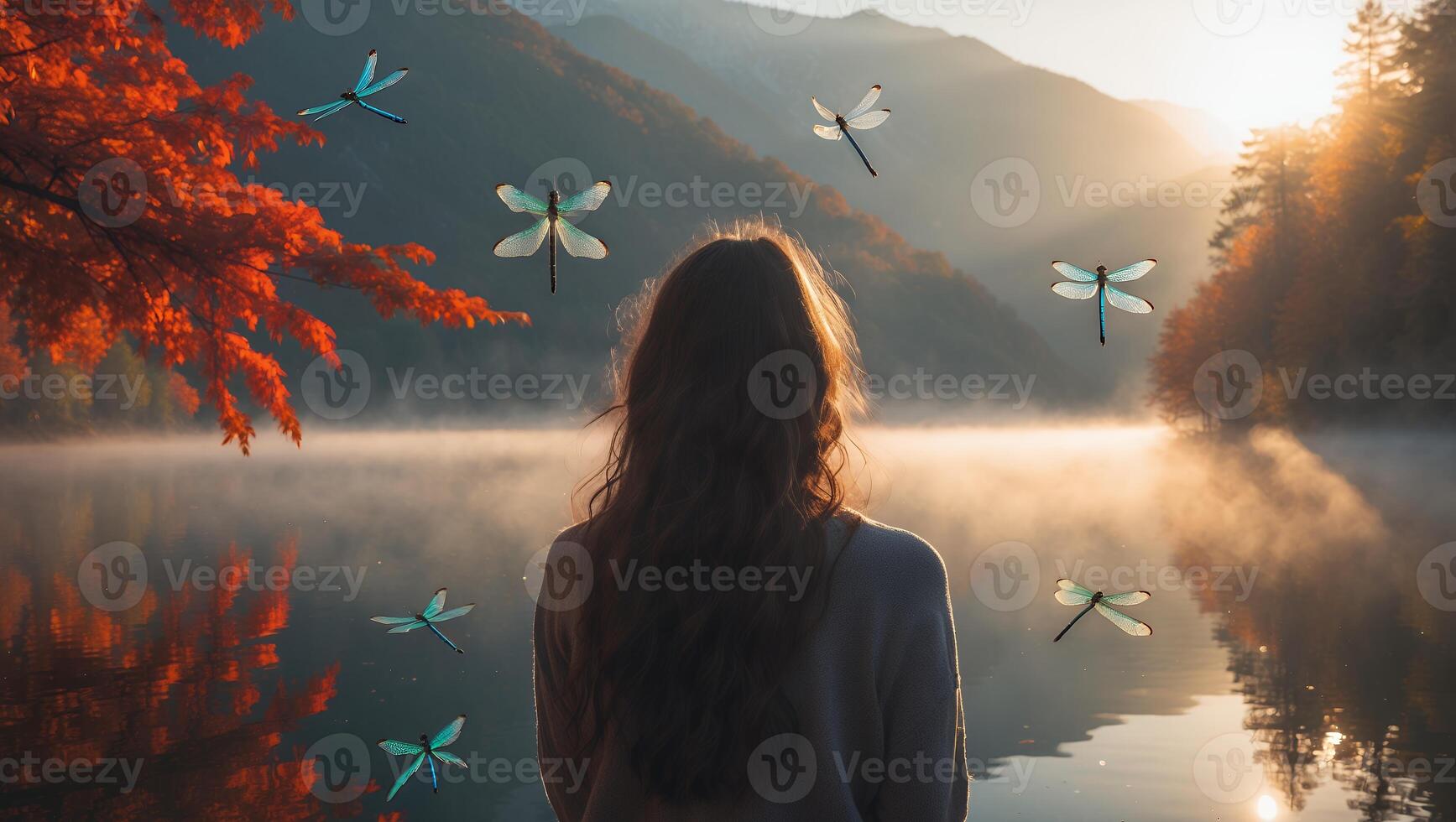 Woman Gazing at Lake with Dragonflies at Sunset with Autumn Colors photo