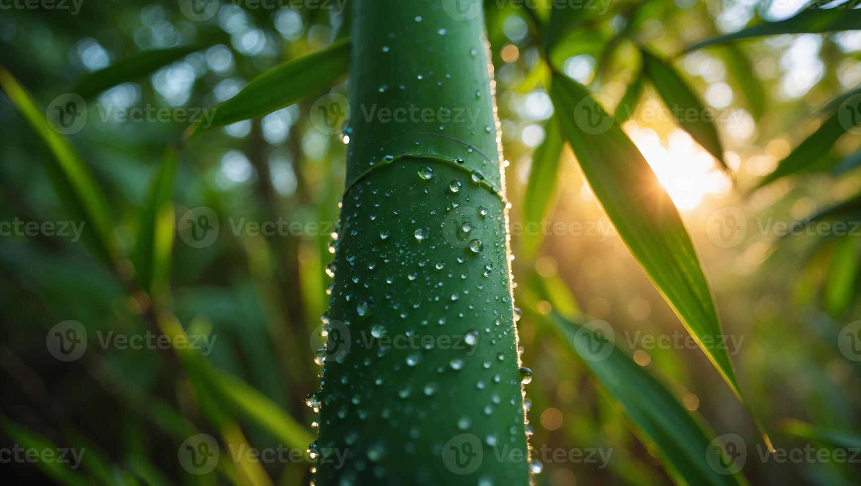 Bamboo Stalk with Water Droplets Glistens in the Early Morning Sunlight photo