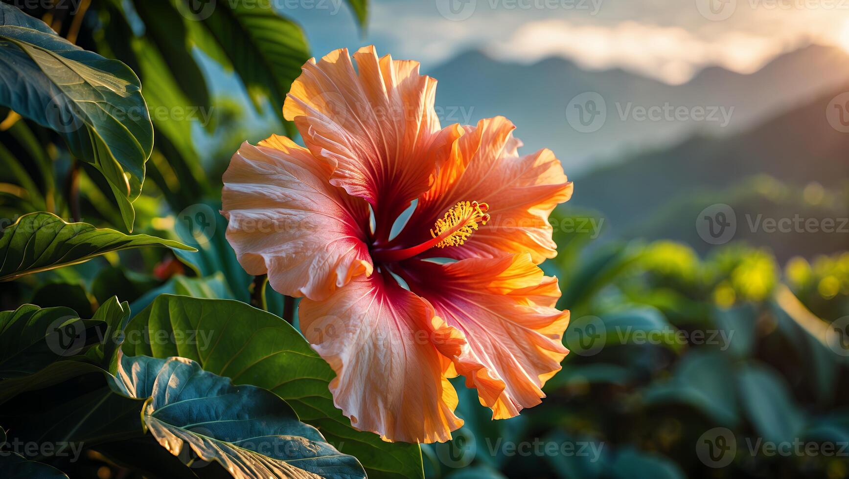 Peach Hibiscus Blooming in Tropical Setting with Mountain Backdrop at Sunset photo