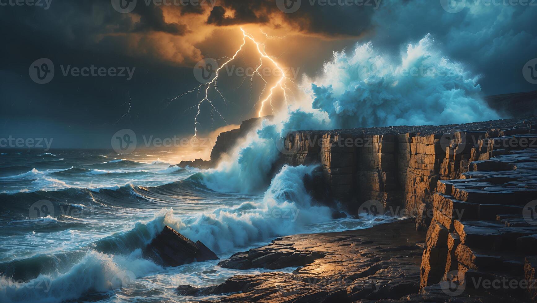 Ocean Waves Crashing on Rocky Cliffs During a Dramatic Lightning Storm photo