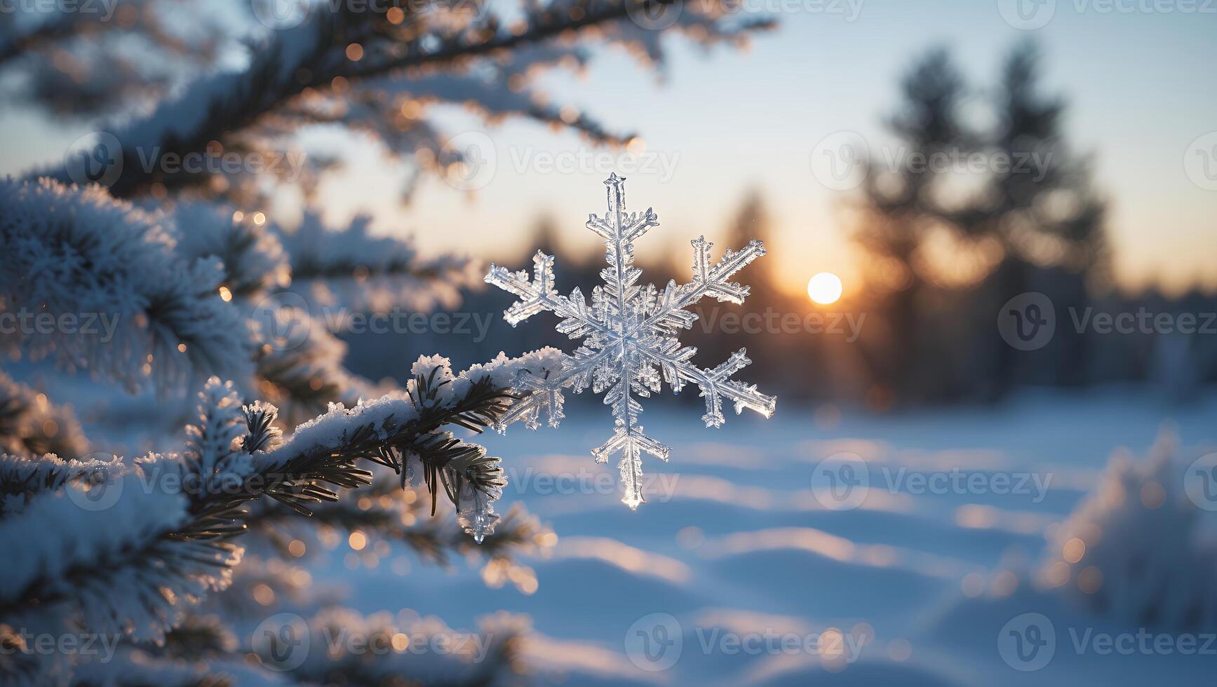 Snowflake on Pine Tree at Sunset Winter Scene Serene Landscape photo