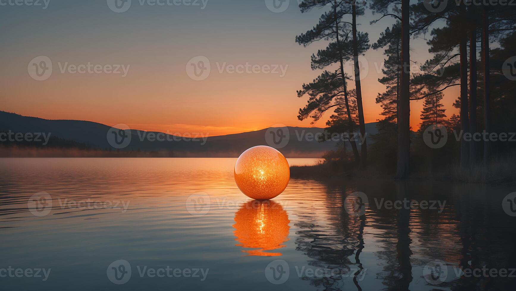 Reflecting Sphere on Lake During Sunset with Forest and Mountain View photo