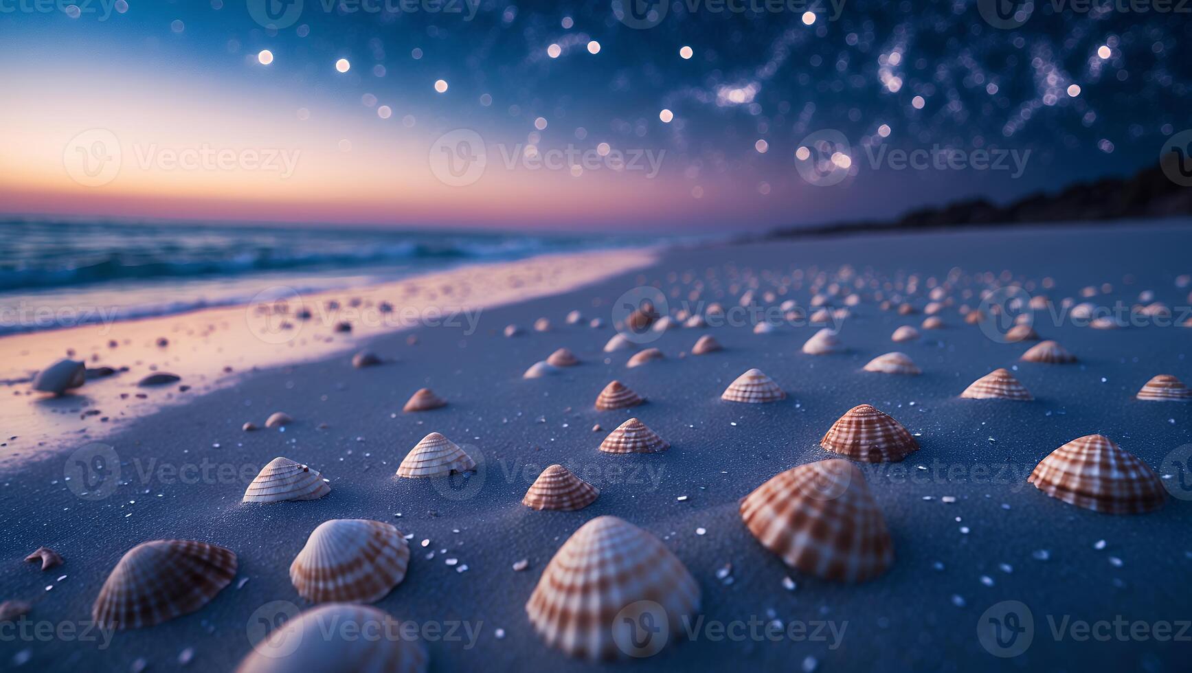 Seashells on Sandy Beach at Twilight with Soft Ocean Waves photo