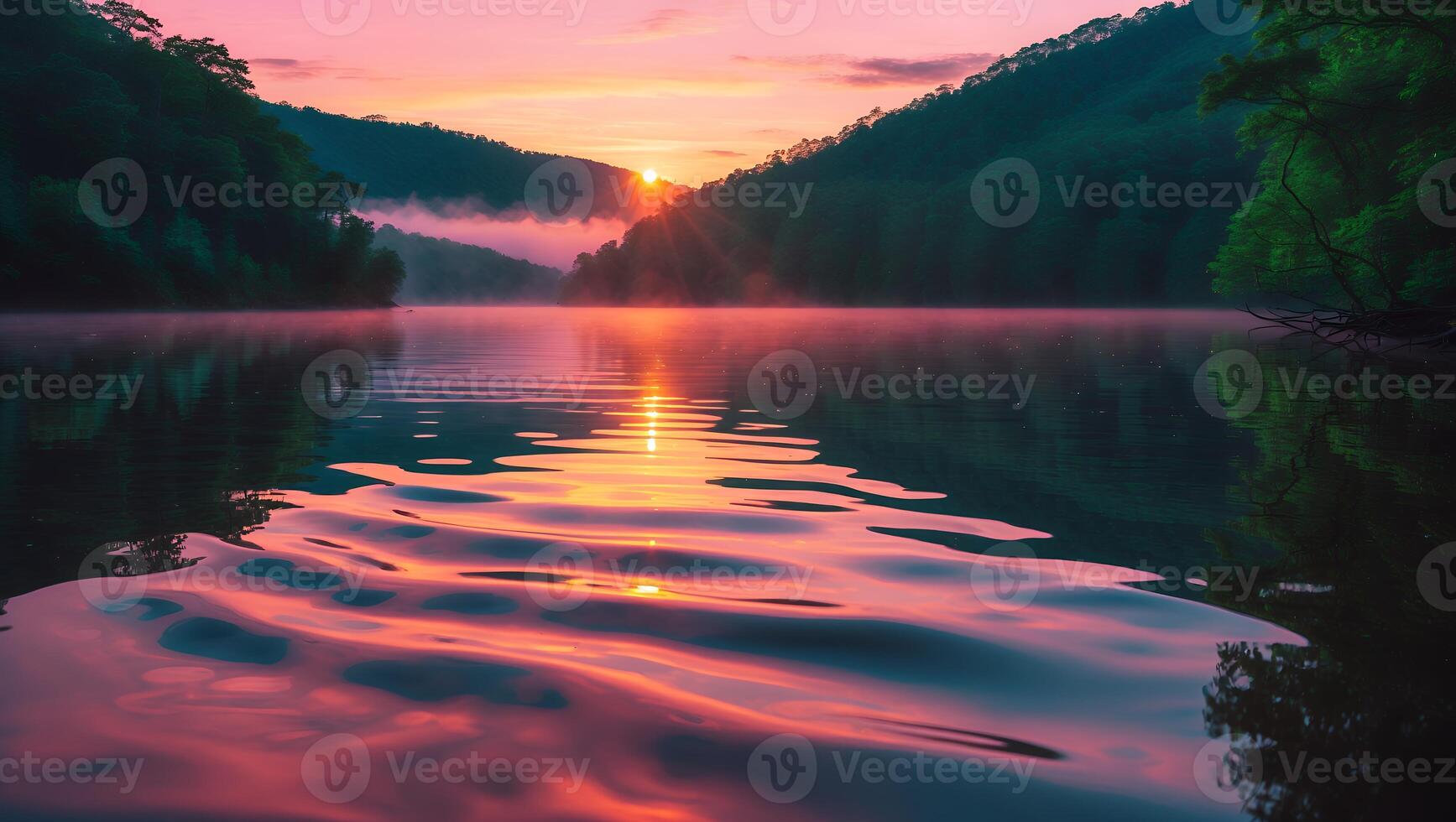 Sunrise Over Still Lake Waters with Reflection and Forest photo
