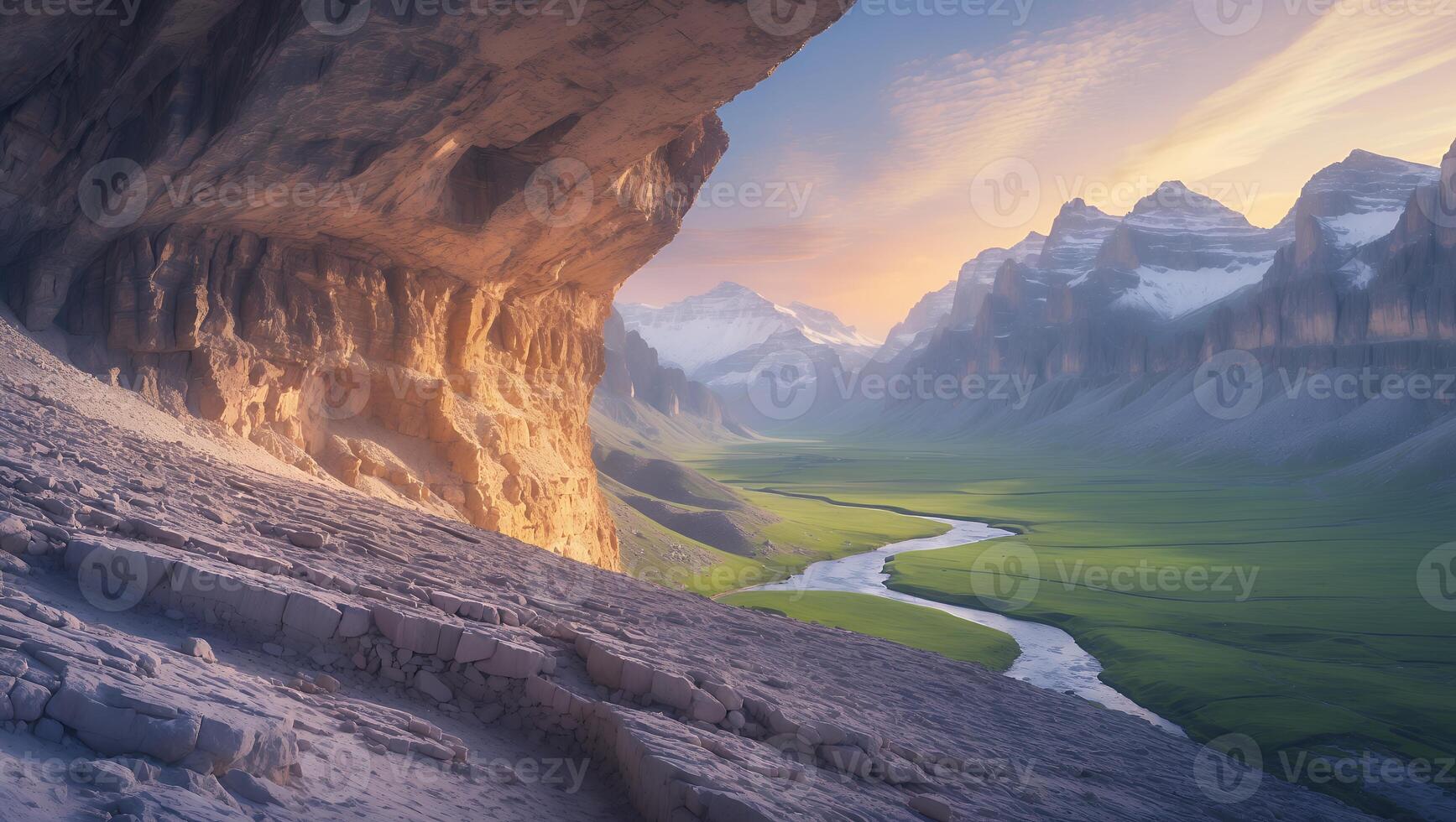Exploring Mountain Valley with River and Cave at Scenic Sunset photo