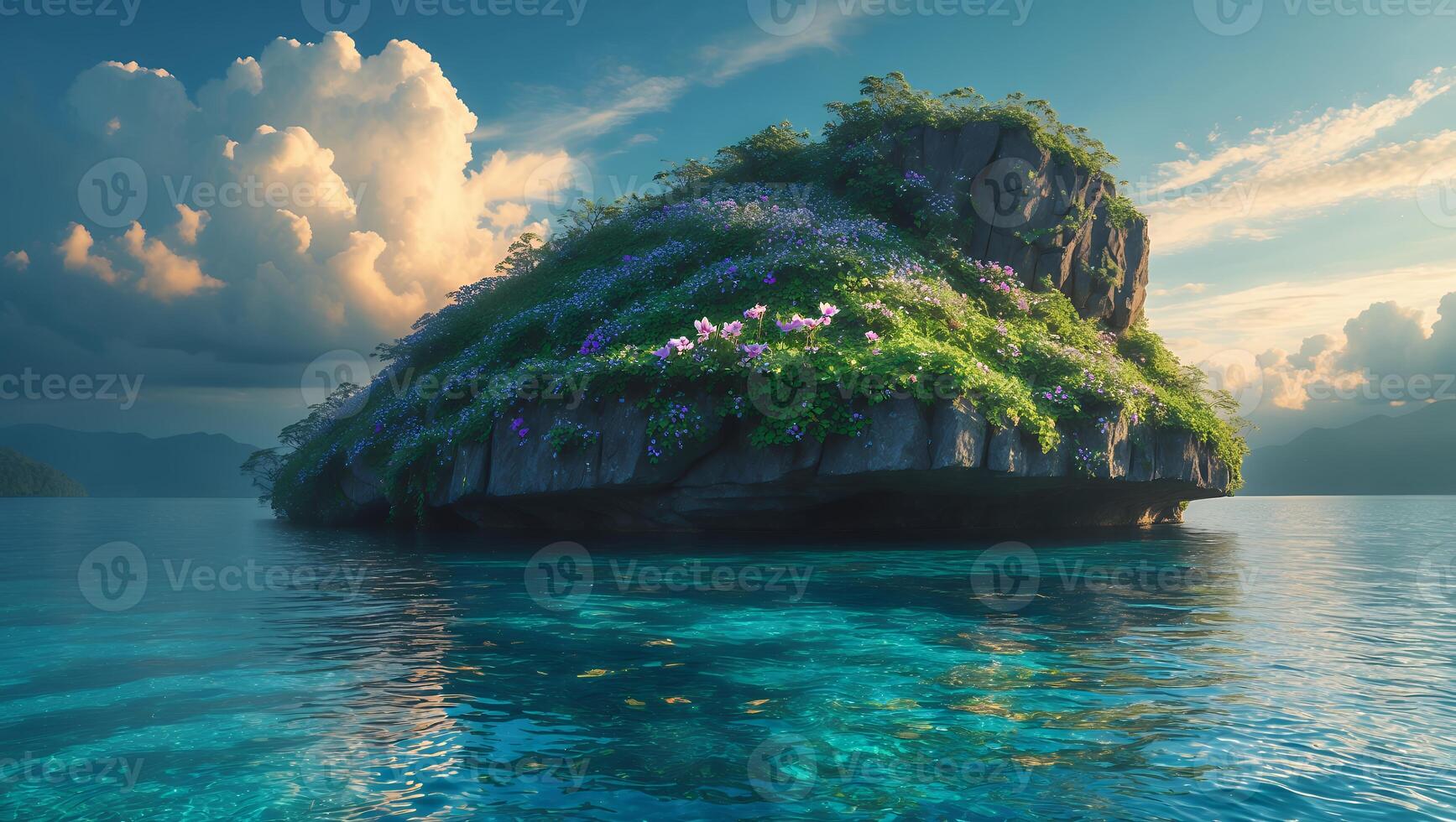 Island Paradise Floating in Turquoise Sea with Flowers and Clouds photo