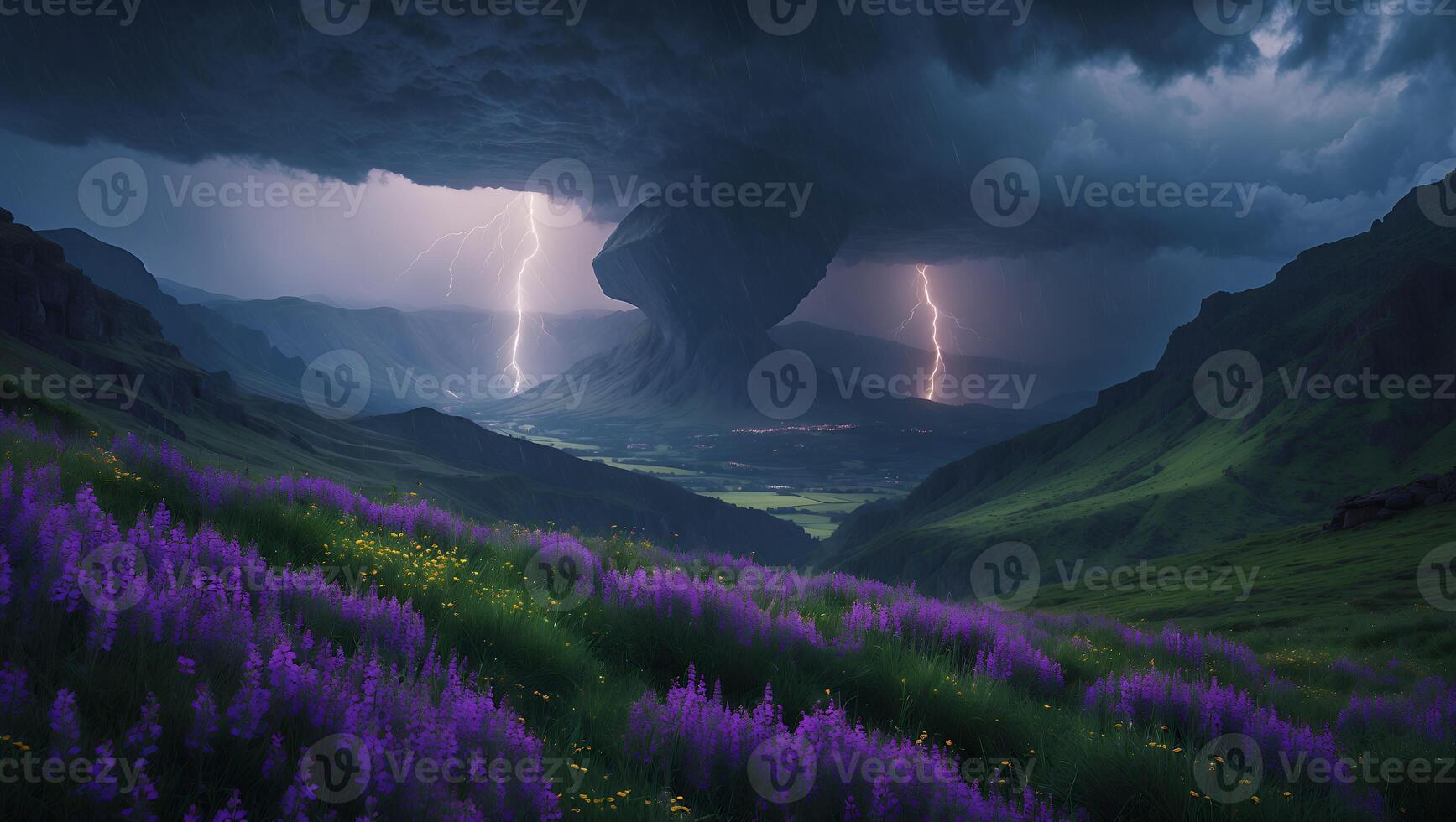 Lightning Strikes Over Mountain Valley with Purple Flowers in Foreground photo