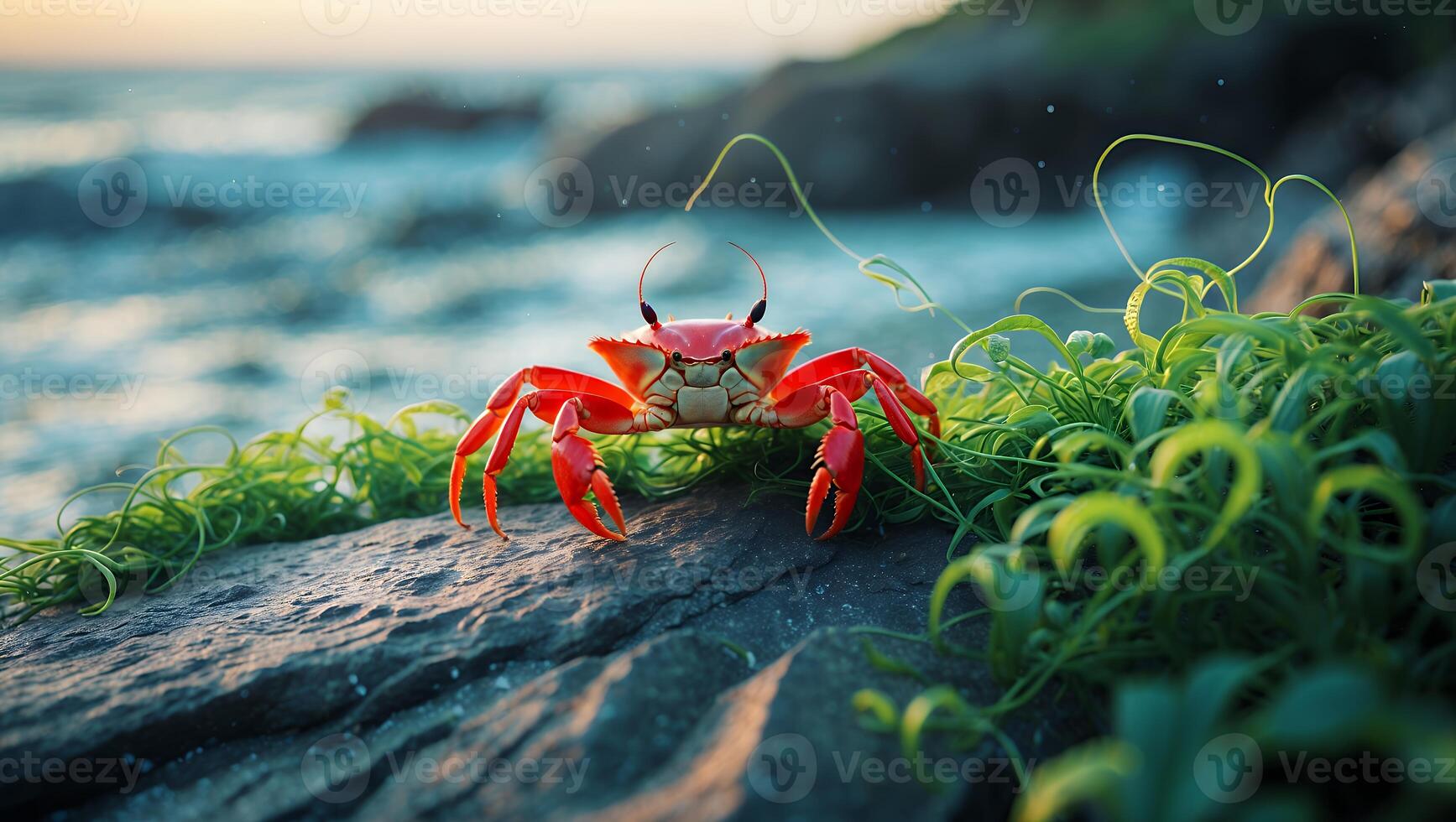 Red Crab on Rock Near Ocean with Bright Green Seaweed photo
