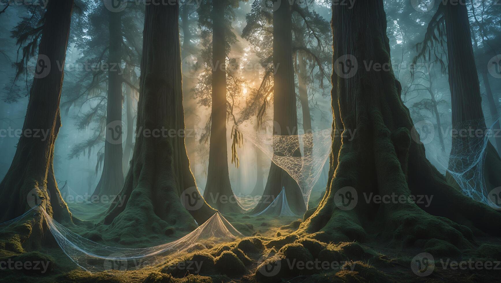 Walking Through Misty Forest with Sunlight and Spiderwebs Between Trees photo