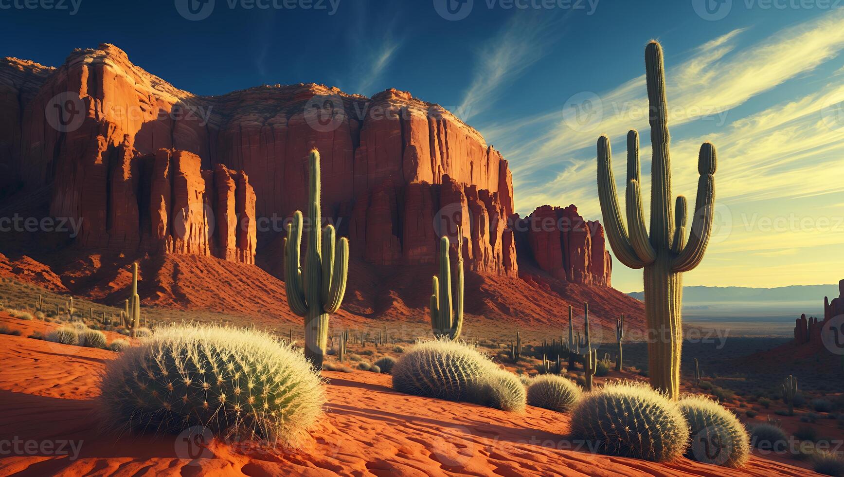 Exploring Desert Landscape with Cacti and Red Rock Formations Under Bright Sky photo