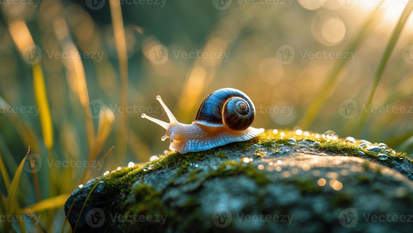 Snail Crawling on Mossy Rock with Water Droplets in Sunlight photo
