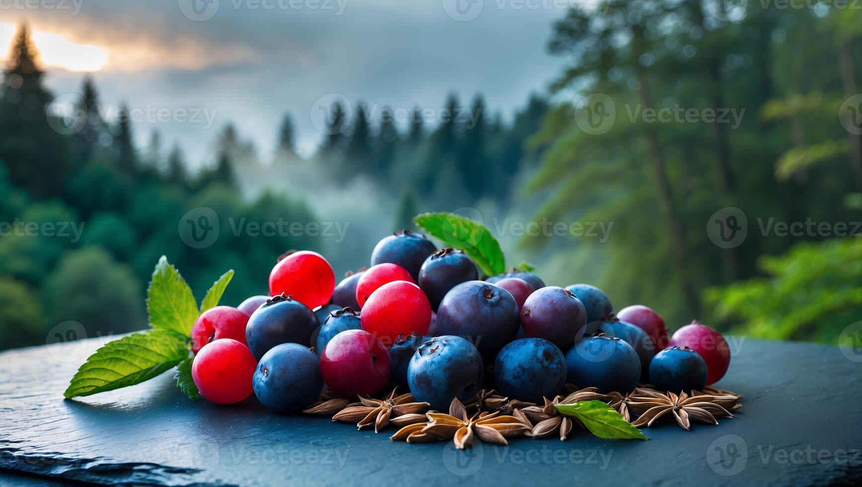 Berries with Star Anise on Slate with Forest Background photo